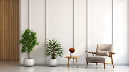 Interior of modern living room with white walls, concrete floor, white armchair and plants.. Elegant Modern Living room