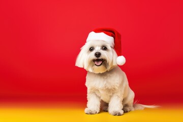 Maltese dog adorably poses in a Santa hat against a striking red and yellow background