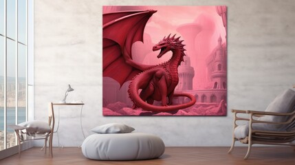 Modern living room interior with a red dragon. Elegant Modern Living room