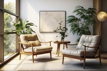 Living room interior with armchairs, coffee table and plant. Mock up. Elegant Modern Living room