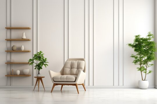 interior with armchair and plant on white wall. Elegant Modern Living room