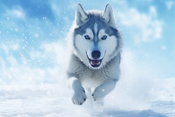 Naklejka premium spirited Siberian Husky captured in motion, run with a flurry of snowflakes against blurry snowfall background