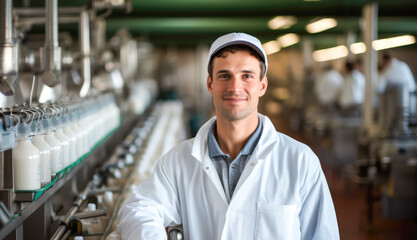 Portrait of male dairy factory worker with milk bottles production line and conveyor belt in background