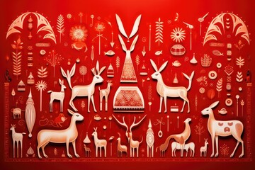 intricate folk art inspired red Christmas display featuring animals and nature motifs