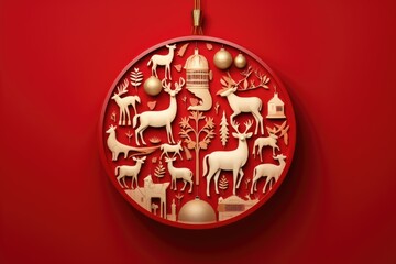 beautifully detailed Christmas ornament with reindeer and forest motifs on a vibrant red background