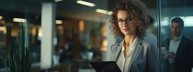 business woman using tablet or device in office