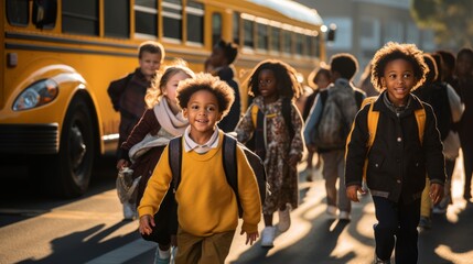 children getting off the school bus