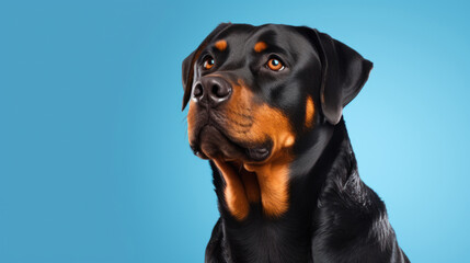 Fototapeta premium Advertising portrait, banner, serious rottweiler dog of classic color, looks straight, isolated on blue background