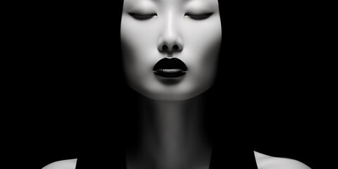 Minimalist black and white of an Asian woman with lipstick, direct photography, minimalist and meticulous design, elongated and dramatic