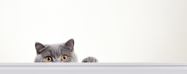 beautiful funny grey British cat on white background - obrazy, fototapety, plakaty