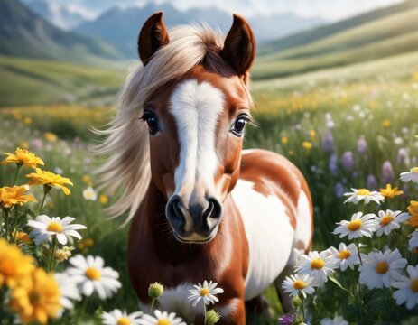 Fairy baby animal horse calf or pony in Alpine mountain flower field