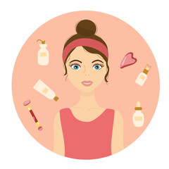 Girl with cosmetics products, facial massage, cream, jade roller, gua sha, set