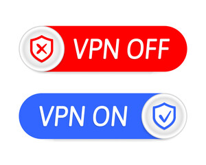 VPN on, VPN off icons. Red and blue buttons. Connect and disconnect. Secure connection. Virtual private network. VPN enabled, VPN disabled	