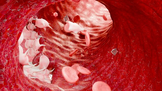 Hemostasis. Red blood cells and platelets in the blood vessel, vasoconstriction, wound healing process. hemorrhage clot embolisms, Hemophilia. fibrinolysis, injury bleeding coagulation, 3d render