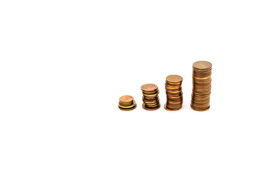 four stacks of coins forming steps up, isolated on white background,finance concept