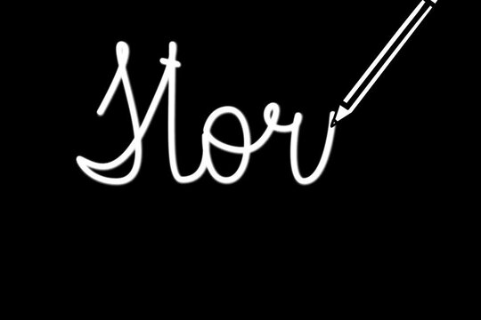 Story word handwriting with pencil animation. Glowing white script lettering on black background.