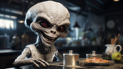Futuristic photo of a friendly alien cooking in a bright kitchen with a luxurious décor