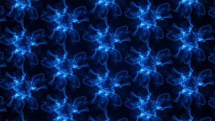 Neon ornament energy background. Pattern of random particles, molecules. Space flower design. Glowing bundle energy. Music track. Hypnosis pattern. Poster presentations, technology, business.
