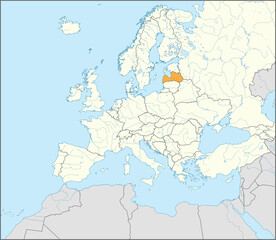 Orange CMYK national map of LATVIA inside detailed beige blank political map of European continent with rivers and lakes on blue background using Mercator projection