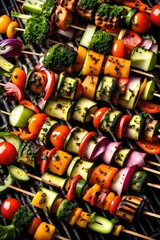 Fototapeta na wymiar A high-resolution image of a plate piled with colorful vegetable skewers, grilled to perfection, radiating with the aroma of a garden-fresh and nutritious barbecue.