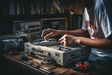 a boy repairs an antique electronic device