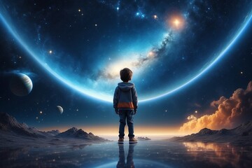 Fototapeta na wymiar Innocence and Infinity: Kid Adrift in the Celestial Abyss