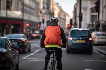 a cyclist on a busy street