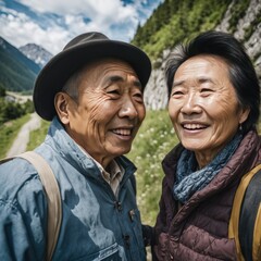 Elderly pensioners on a walk in the mountains