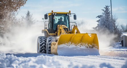 Bulldozer removing snow after a snowstorm