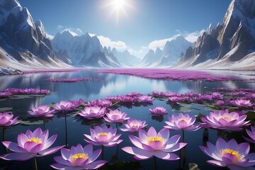 Winter's Blossom: Purple Flowers by the Frozen Lake
