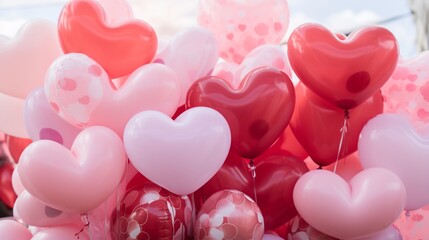 A close-up of a heart-shaped balloon bouquet in various shades of pink and red.