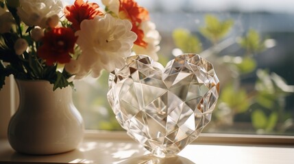 A close-up of a heart-shaped floral arrangement in a crystal vase on a windowsill.