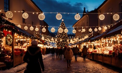 Girl walking in Christmas market decorated with holiday lights in the evening. Feeling happy in big city. Spending winter vacations in festive town. Back view. Winter holidays - obrazy, fototapety, plakaty
