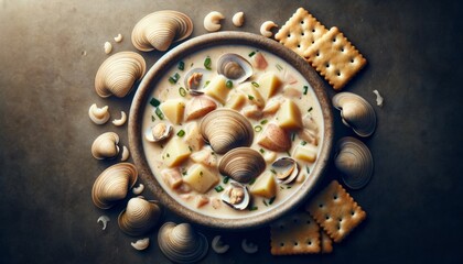 Creamy New England Clam Chowder with clams, potatoes, and herbs, highlighting the soup's rich and comforting flavors.
 - obrazy, fototapety, plakaty