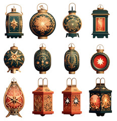 Lampiony świąteczne różne style na przezroczystym tle PNG.