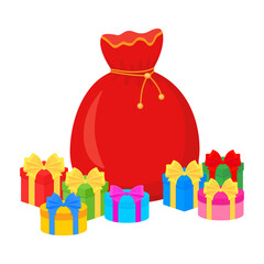 Santa Claus bag with gift boxes. Color vector illustration in cartoon flat style. Isolated on white background.