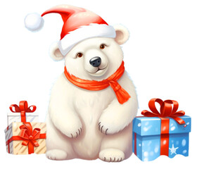 Uroczy świąteczny niedźwiedź polarny na przezroczystym tle PNG. - obrazy, fototapety, plakaty