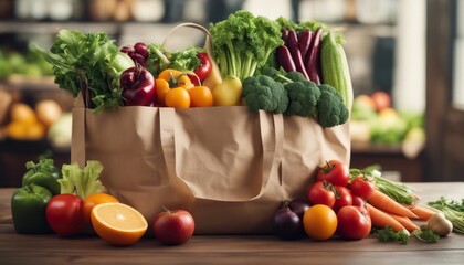 A shopping bag full of fresh vegetables and fruit is in the right corner of the table, top view