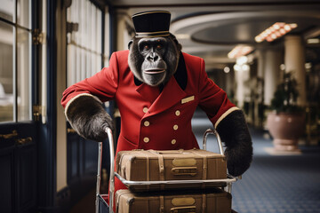 Portrait of humanized gorilla is a bellboy in the hotel.