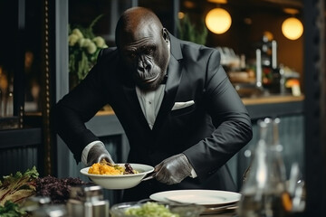 Portrait of humanized gorilla is a chef in the hotel restaurant. Cook gorilla is decorating dish.