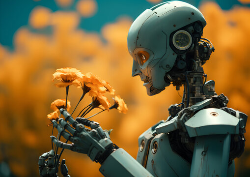 A Robot with a Bouquet of Yellow Roses on a Simple Pastel Background: The Intersection of AI and Floral Elegance,  Love Card,  Valentine and romence day