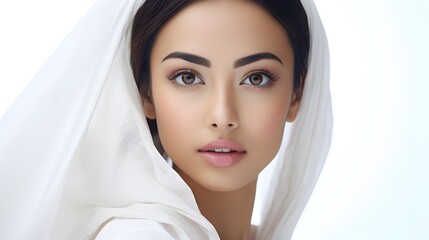 Fototapeta premium Elegant portrait of an Asian woman with flawless skin and an exquisite hairdo, grace and beauty against a soft white background.