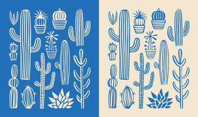 Hand drawn cactus plant doodle set. Vintage style cartoon cacti houseplant illustration collection. Isolated element of nature desert flora, mexican garden bundle. Natural interior graphic decoration. - obrazy, fototapety, plakaty