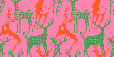 Hand drawn christmas deer seamless pattern illustration. Vintage style reindeer drawing background for festive xmas celebration event. Holiday animal texture print, december decoration wallpaper.