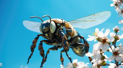robot bee pollinates a bloom, clear blue sky on background