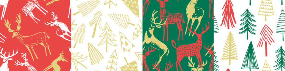 Hand drawn christmas seamless pattern set. Vintage style pine drawing background for festive xmas celebration event. Holiday deer doodle texture print, december decoration wallpaper collection.