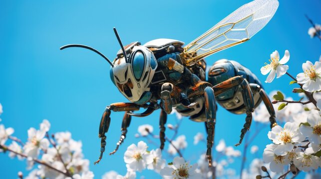 robot bee pollinates a bloom, clear blue sky on background