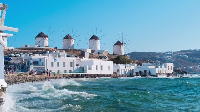 Mikonos, Greece - Mykonos windmills in Chora, the Old Town, iconic feature of the island. The windmills are the first thing seen when coming into the harbour of Alefkandra