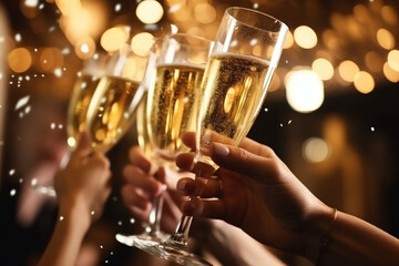 Sparkling champagne, toasting clinking glasses on blurred dancing people bokeh.