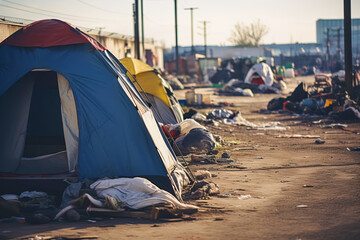 Homeless tent camp and garbage along the road in a modern city - obrazy, fototapety, plakaty